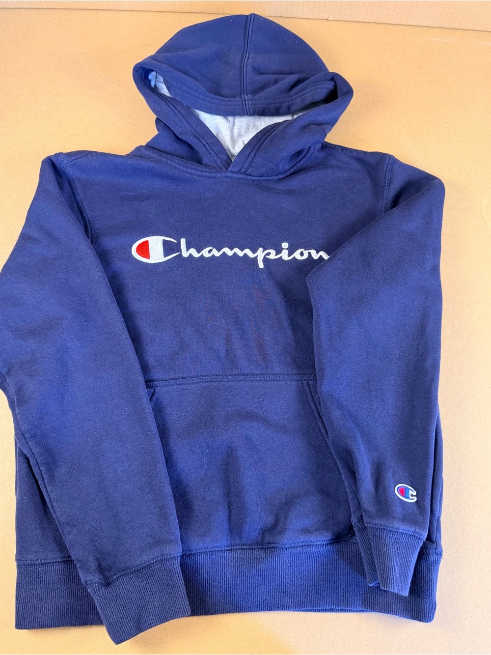 Champion Hoodie Pullover Sweatshirt Youth Large Navy Blue Embroidered